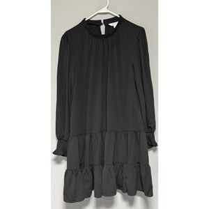 Nine West Dress Large  Black‎ Tiered Long Sleeves Pleated Neck Smocked Cuffs NWT